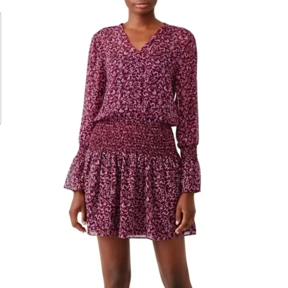 Derek Lam 10 Crosby Purple Floral Sheer Smocked Mini Dress Long Flutter Sleeves